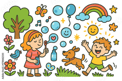 Outdoor Bubble Play. Colorful Hand-drawn doodle Children illustration Outdoor Bubble Fun [bubbles, grass, tree, flower, child, dog, bubble wand, heart, star,