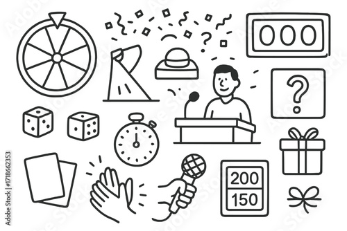 Game Show Doodle. Hand-drawn doodle illustration Live game show [game wheel, buzzer, points board, dice, timer, light beam, host mic, clapping icon, stage,