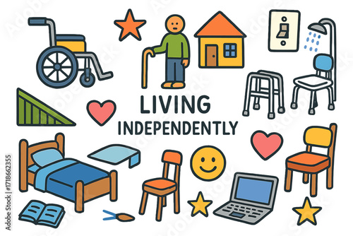 Independent Living Icons. Living independently. Colorful Hand-drawn doodle Children illustration wheelchair, cane, walker, ramp, home, bed, chair, heart, star,