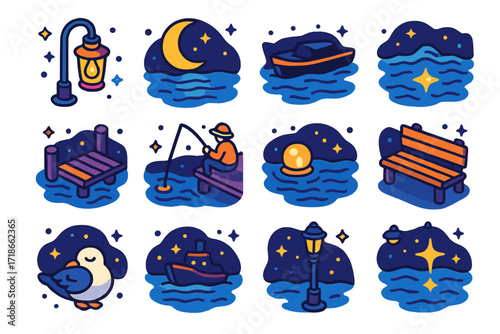 Nighttime Quay Icon Set. Colorful isometric vector icons set of nighttime quay scene: glowing lantern, moonlit water, boat silhouette, soft waves, dock