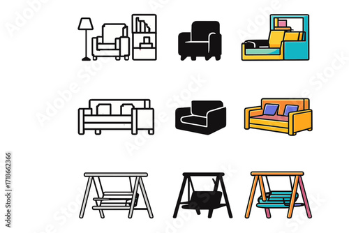 Relaxation Icon Set. Icon Set of Relaxation flow: indoor reading nook, terrace sofa, garden swing. Icons set in vector style, emblematic variations. Indoor