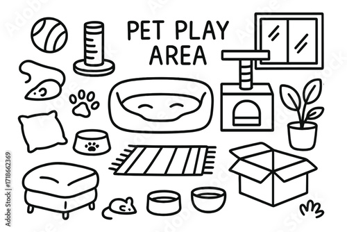 Pet Play Essentials. Pet Play Area. Hand-drawn doodle illustration pet play area toy ball, scratching post, cat tree, dog bed, cushion, sofa, rug, food bowl,