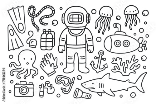 Underwater Adventure Icons. Hand-drawn doodle illustration deep sea diving diver suit, oxygen tank, fins, mask, gloves, underwater camera, submarine,