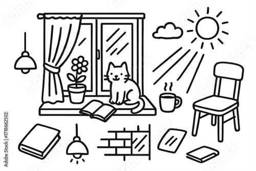 Cozy Window Scene. Hand-drawn doodle illustration window light window frame, curtain, sunlight rays, shadow lines, window sill,