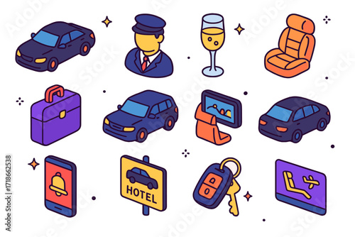 Luxury Transport Icons. Colorful isometric vector icons set of luxury and executive transport: black sedan, chauffeur with cap, champagne glass icon, leather