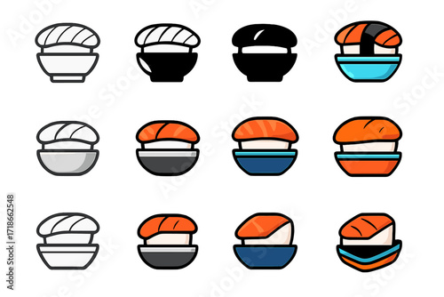 Sushi Dipping Logo Set. Set Logo of Sushi Serving: Soy sauce in dipping bowl. Logo set in vector style, emblematic variations. line, bold thick line, solid