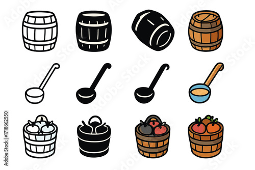 Rustic Cider Icons. Icon Set of Rustic Cider: Wooden barrel, Ladle, Apple basket. Icons set in vector style, emblematic variations. Wooden barrel line, Wooden
