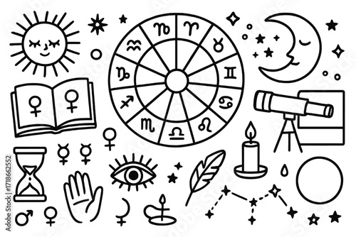 Astrology Tools Doodle. Hand-drawn doodle illustration astrology tools zodiac wheel, sun, moon, stars, telescope, chart, book,