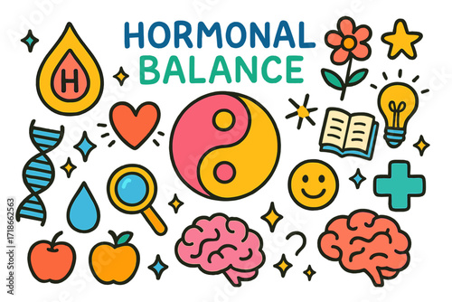 Colorful Hormonal Balance Icons. Colorful Hand-drawn doodle Children illustration Hormonal balance yin yang symbol, hormone droplet, DNA strand, heart, flower,
