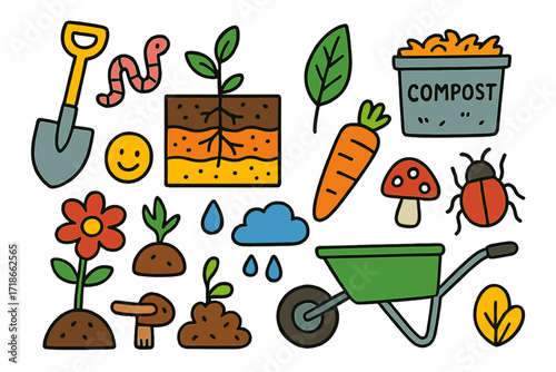 Soil Health Doodles. Colorful Hand-drawn doodle Children illustration Soil health and sustainability shovel, worm, soil layer, root, leaf, plant, compost,