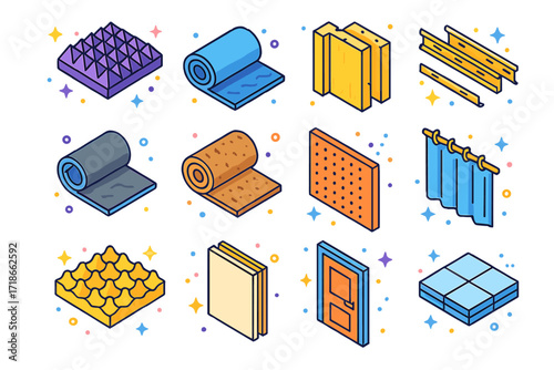 Soundproofing Icons Set. Colorful isometric vector icons set of soundproofing insulation: acoustic foam panels, soundproof mats, fiberglass acoustic batts,