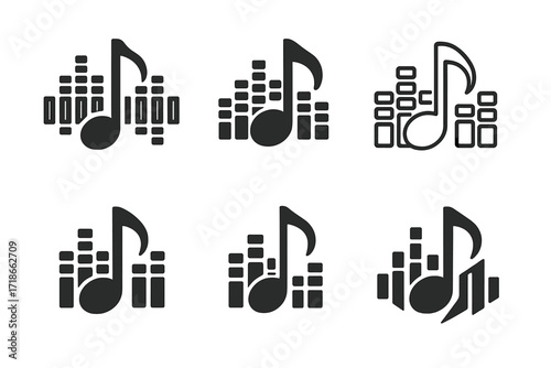 Tech Meets Music Logos. The impact of technology on music. Set Logo of the impact of technology on music: digital equalizer bars. harmonious logo variations of