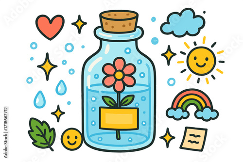 Whimsical Bottle Doodles. Colorful Hand-drawn doodle Children illustration glass bottle transparent bottle, cork, bubbles, water droplets, label, sparkles,