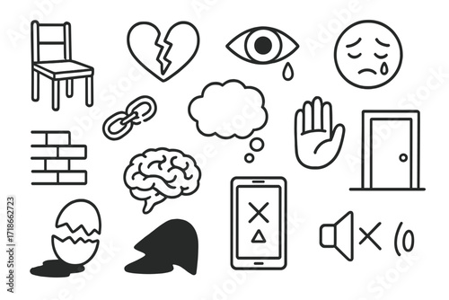 Symbols of Loneliness. Hand-drawn doodle illustration Rejection and loneliness [empty chair, heart, broken link, eye, sad face,