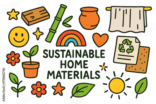 Sustainable Home Drawings. Colorful Hand-drawn doodle Children illustration Sustainable Home Materials [wood plank, bamboo stick, clay pot, linen curtain,