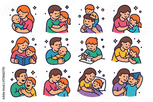 Parent-Child Bonding Icons. Colorful isometric vector icons set of parent and child bonding: baby in arms, toddler hug, piggyback ride, holding small hands,