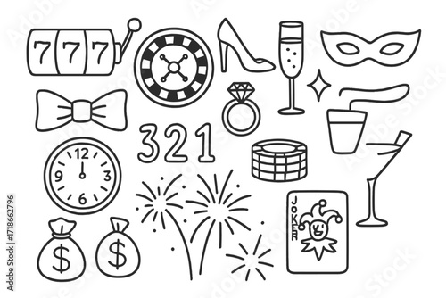 Casino NYE Icons. Hand-drawn doodle illustration Casino games and NYE glam slot lever, roulette wheel, chip stack, heels, ring, glass, tux bowtie, sparkle