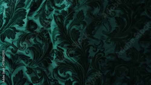 Luxurious emerald green velvet fabric with ornate damask pattern, evoking opulent and rich textures for elegant interior design or fashion projects