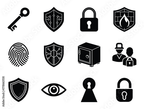 Security and Protection Silhouette Icons Set Key Shield Lock Safe Eye and More key, shield, lock