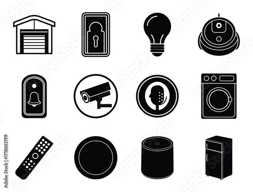 Smart Home Technology Silhouette Icons Set Garage Doorbell Camera Washer garage, keyhole, light
