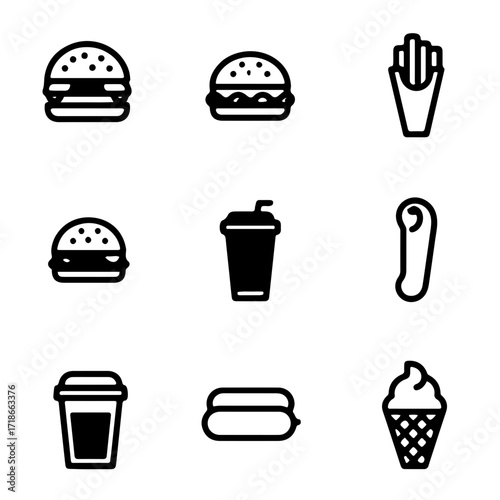 Delicious fast food icons for restaurant menu design or food blog promotion, simple burger, fries, drink and hotdog illustrations in modern line art