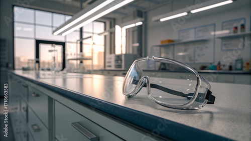 The safety glass is place on the lab table top represent the safety moment during the experiment