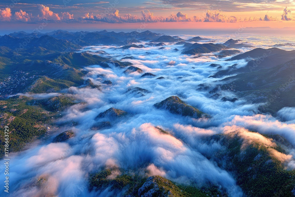 Fototapeta premium Misty mountain peaks at sunrise (1)