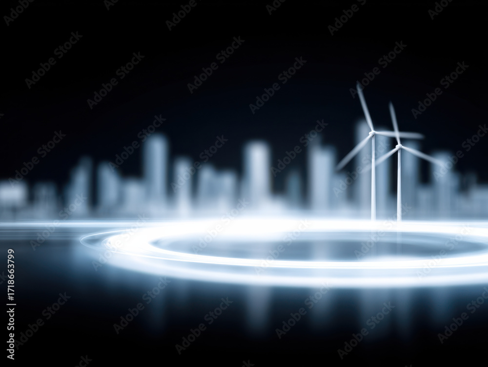 Naklejka premium Clean energy concept with wind turbine and futuristic cityscape showing climate solutions with ai technology