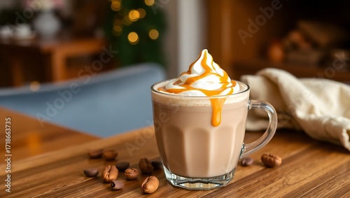 Peanut butter hot chocolate with a thick swirl of peanut sauce on top, cozy indoor setting