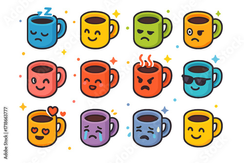 Expressive Coffee Mugs. Colorful isometric vector icons set of Coffee mug emotions: sleepy mug, happy mug, grumpy mug, winking mug