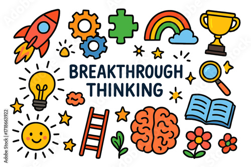 Creative Kids' Breakthrough. Colorful Hand-drawn doodle Children illustration Breakthrough Thinking [rocket, gears, puzzle piece, rainbow, trophy, ladder,