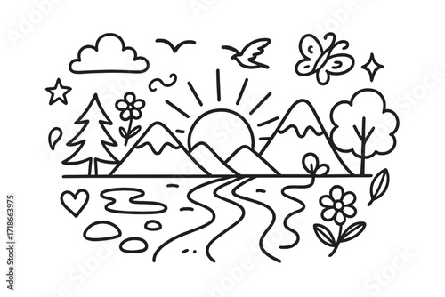 Mountain Sunset Doodle. Hand-drawn doodle illustration Sunset over mountains [sun, mountain, tree, cloud, star, sparkle, river, bird, butterfly, flower, leaf,