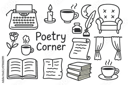 Poetry Corner Icons. Hand-drawn doodle illustration Poetry corner typewriter, candle, coffee cup, open book, rose, moon, feather pen, ink bottle, poetry lines,