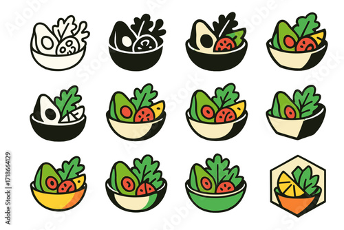 Fresh Salad Logos. Set Logo of preparing a fresh salad with avocado, tomatoes, and greens: Half lemon wedge. Logo set in vector style, emblematic variations.