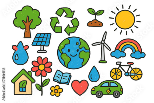 Sustainable Future Doodles. Colorful Hand-drawn doodle Children illustration Sustainable future [Earth globe, recycling arrows, tree, sprout, solar panel, wind
