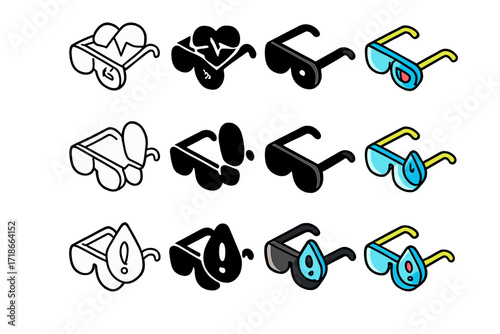 Health Data Icons. Icon Set of Smart glasses health data: heart rate overlay, step counter, hydration alert. Icons set in vector style, emblematic variations.