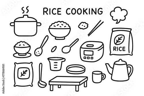 Rice Cooking Doodles. Hand-drawn doodle illustration Rice Cooking [pot, rice bowl, chopsticks, spoon, plate, steam cloud, bag of rice, grain, measuring cup,