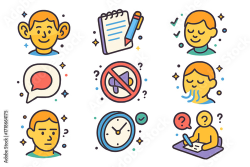 Listening Skills Icons. Colorful isometric vector icons set of listening techniques: person with open ears, notepad and pen, nodding head, repeat message