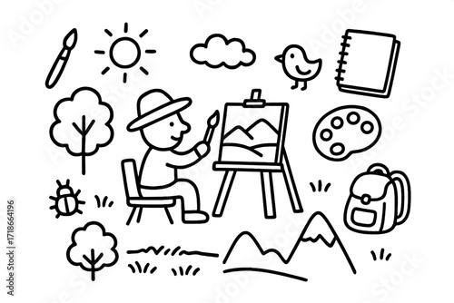 Plein Air Essentials. Hand-drawn doodle illustration Painting outdoors (plein air) [easel, sun, hat, brush, canvas, tree, mountain, field, bird, sketchbook,