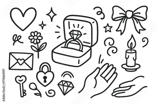 Engagement Ring Doodle. Hand-drawn doodle illustration Engagement ring box [ring, box, heart, sparkle, flower, ribbon, bow, star, swirl, envelope, key, lock,