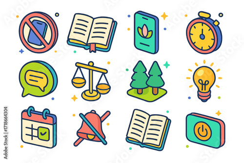 Positive Habits Icons. Colorful isometric vector icons set of Positive digital habits: phone-free zone, journal, meditation app, daily limit timer, real-life