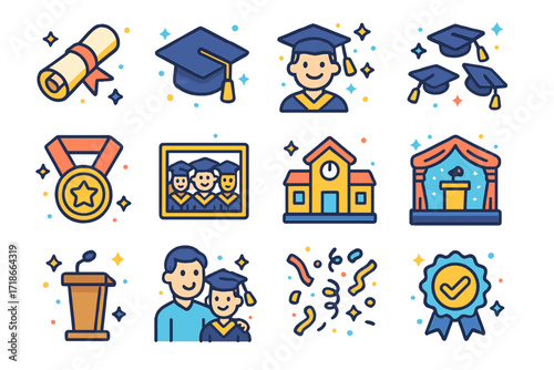 Graduation Icons Set. Colorful isometric vector icons set of graduation day: diploma scroll, graduation cap, smiling graduate, thrown caps, honor medal, group