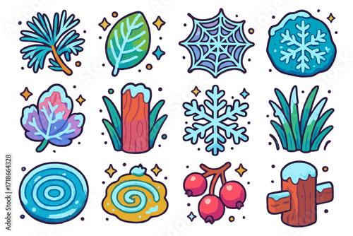 Colorful Frost Icon Set. Colorful isometric vector icons set of frost in nature patterns: frosted pine needles, icy leaf veins, frozen spiderweb, snowflake