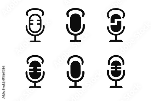 Harmonic Microphone Logos. music legend. Set Logo of music legend: microphone with halo glow. harmonious logo variations of the same emblematic concept, each