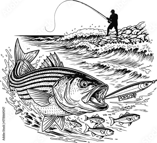 Surf fishing black and white vector illustration