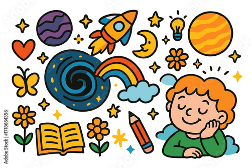 Cosmic Children's Doodle. Colorful Hand-drawn doodle Children illustration Cosmic Daydream black hole, rocket, planets, rainbow, moon, stars, sparkles, heart,