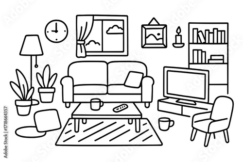 Cozy Living Room Doodle. Hand-drawn doodle illustration Living room [sofa, coffee table, lamp, rug, plant, bookshelf, clock, window, picture frame, candle,