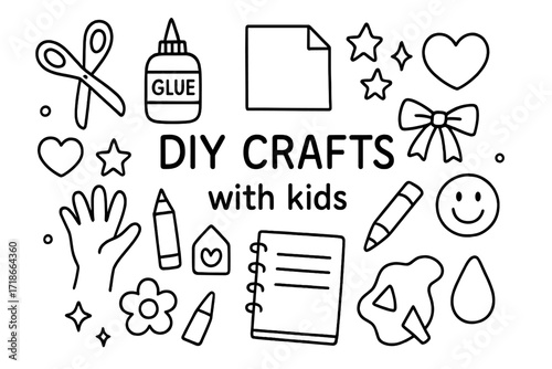 DIY Craft Doodles. Hand-drawn doodle illustration DIY crafts with kids scissors, glue, paper, kid hand, stars, ribbon, sticker, heart, crayon, cut shape,