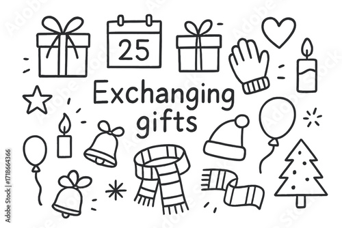 Gift Exchange Doodles. Hand-drawn doodle illustration Exchanging gifts [gift box, ribbon, bow, calendar, star, candle, heart, glove, hat, scarf, bell, balloon,