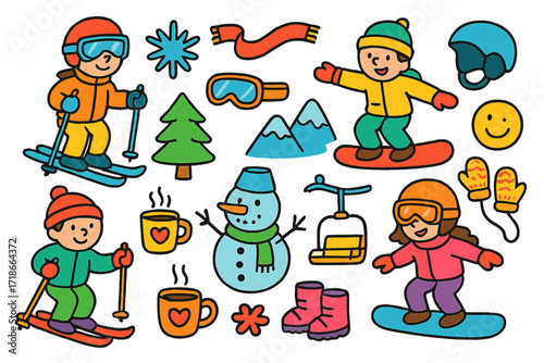 Winter Fun Doodle. Colorful Hand-drawn doodle Children illustration Skiers and snowboarders on a mountain snowboard, skis, snowman, pine tree, snowflake,